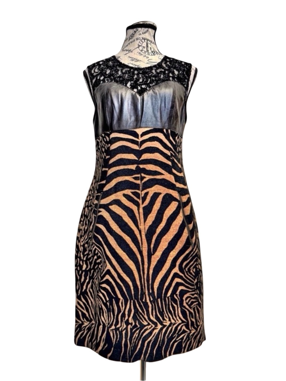 Tracy Reese Zebra Print Dress | Leather Lace Mixed Media | Statement Piece | 8